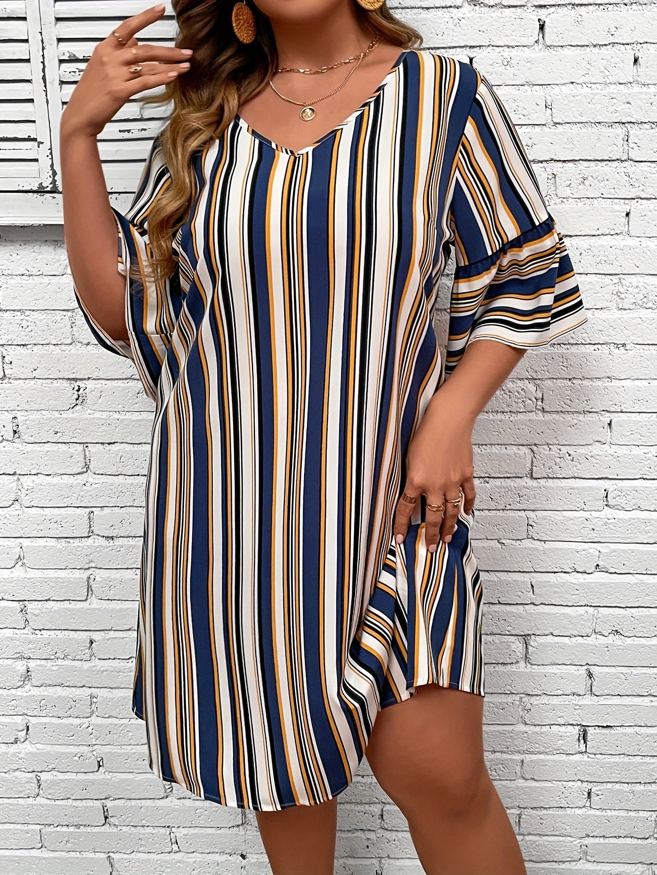  Stripe Print Half Sleeve Loose Fit Mini Dress