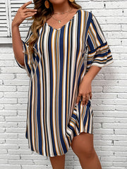  Stripe Print Half Sleeve Loose Fit Mini Dress