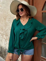  Ruffle Trim V Neck Knot Front Top