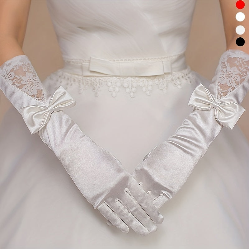 Classic Satin Long Gloves with Bowknot for Wedding Tea Party Lace Gloves
