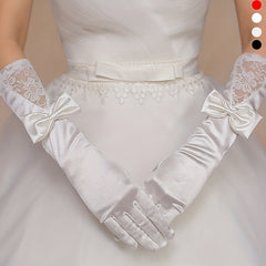 Classic Satin Long Gloves with Bowknot for Wedding Tea Party Lace Gloves