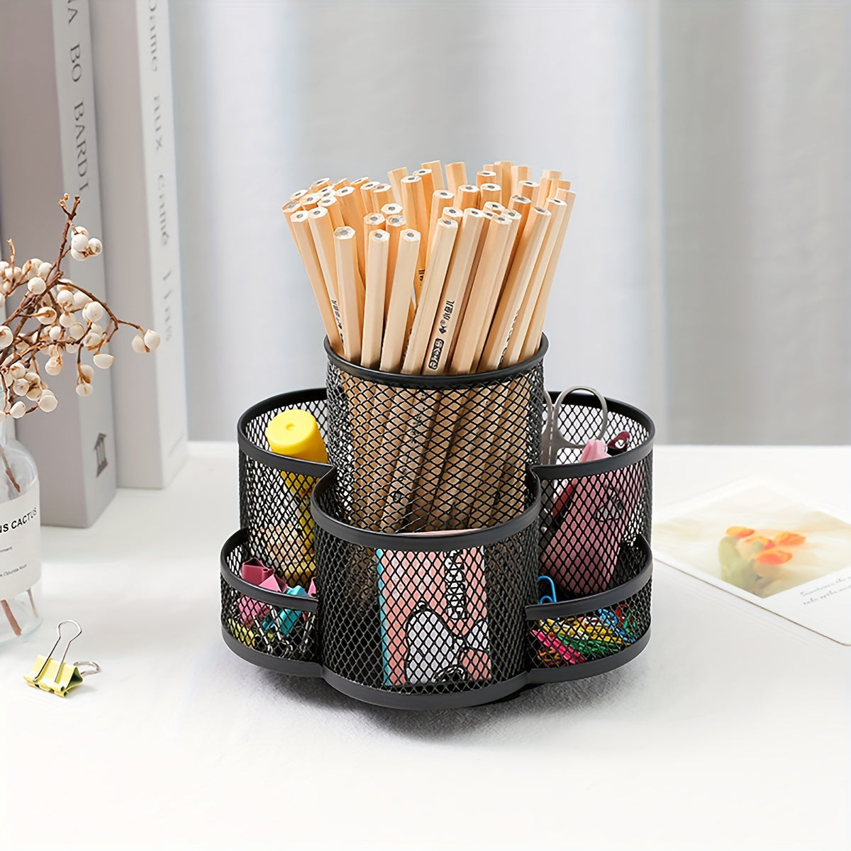 Metal Rotating Pen Holder Makeup Brush Storage Desktop Organizer