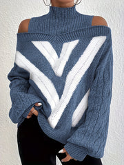  Geometric Print Cold Shoulder Sweater
