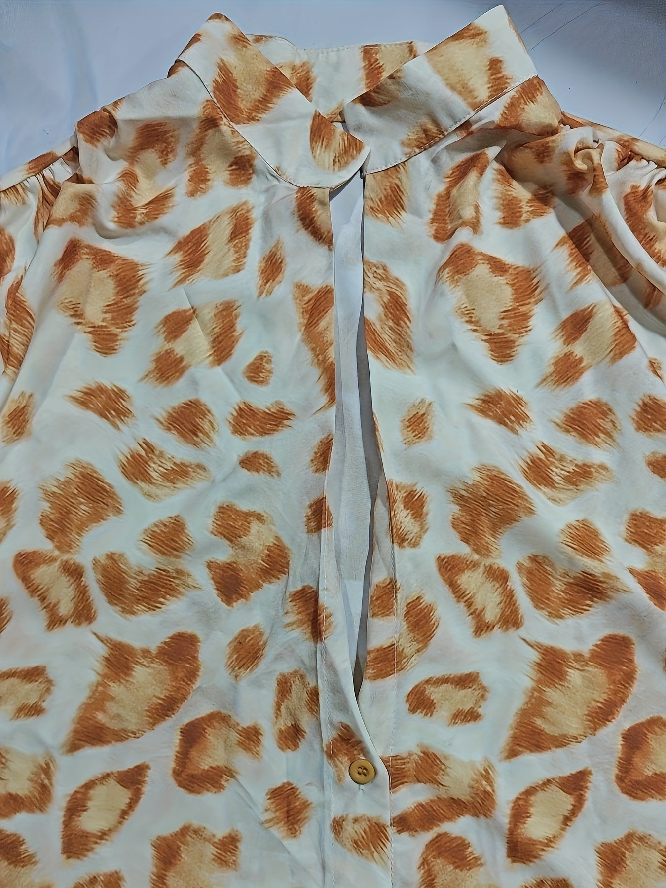  Leopard Print Button Up Long Sleeve Mock Neck Blouse