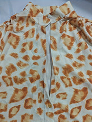  Leopard Print Button Up Long Sleeve Mock Neck Blouse