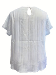  Casual Blouse Solid Contrast Lace Short Sleeve Round Neck Top