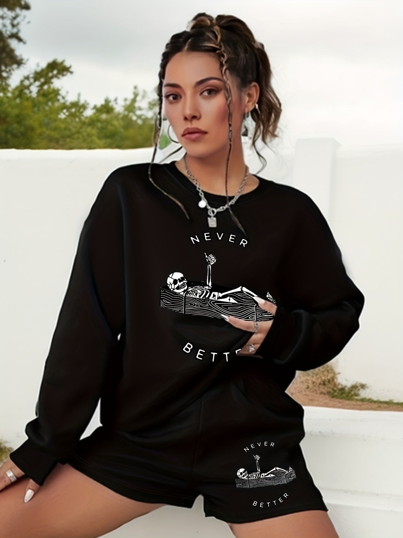  Halloween 2pcs Set Women's Plus Graphic Print Sweatshirt & Shorts