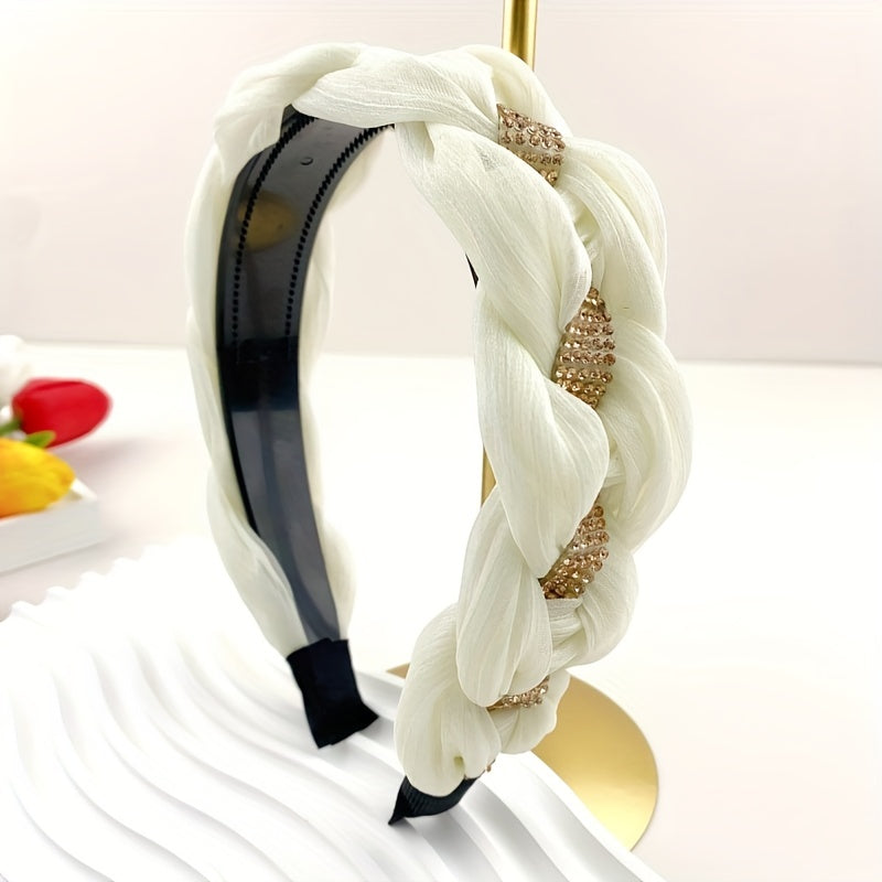 Braided Organza Headband Rhinestone Wide Headdress Hair Band