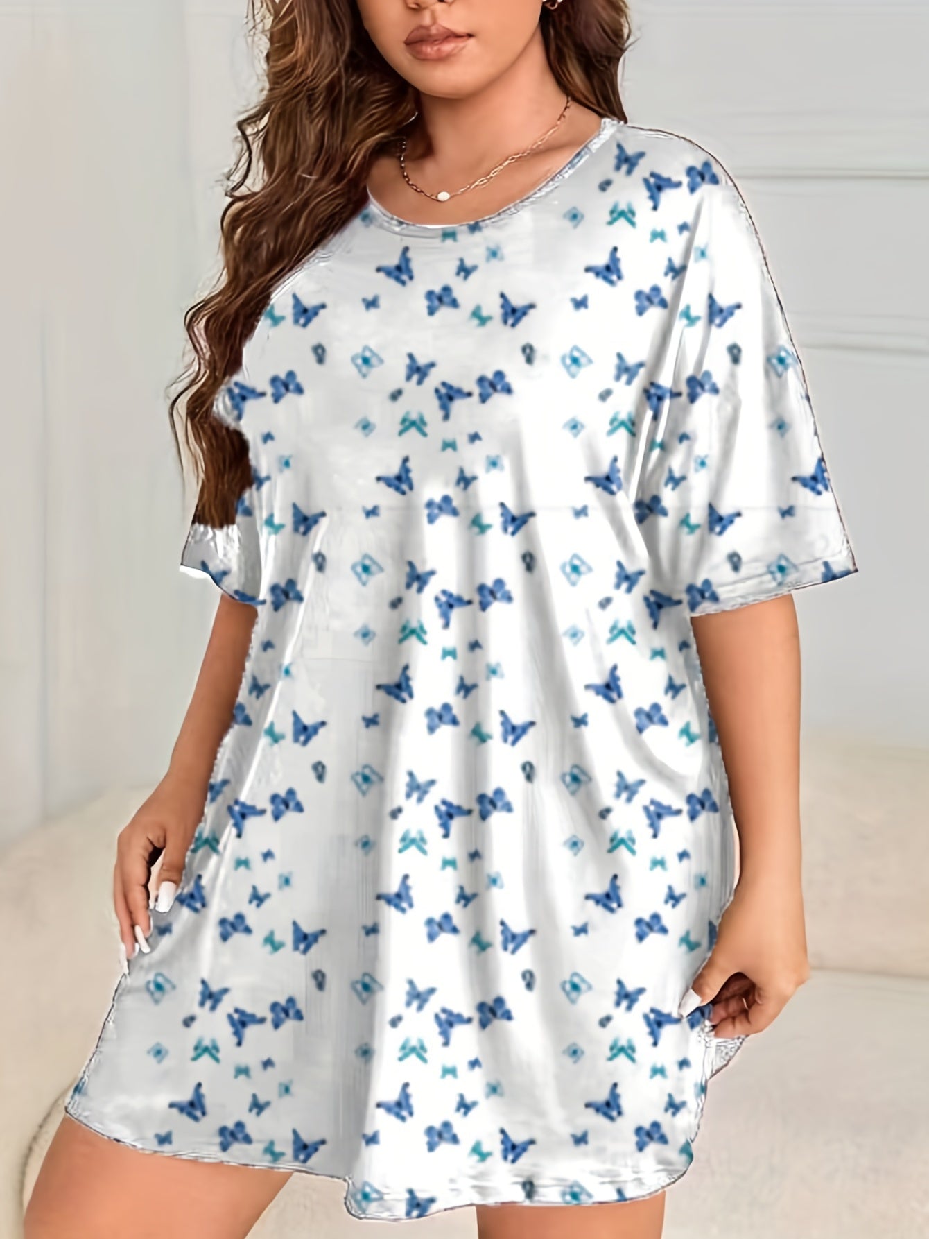  Butterfly Print Round Neck Sleep Dress