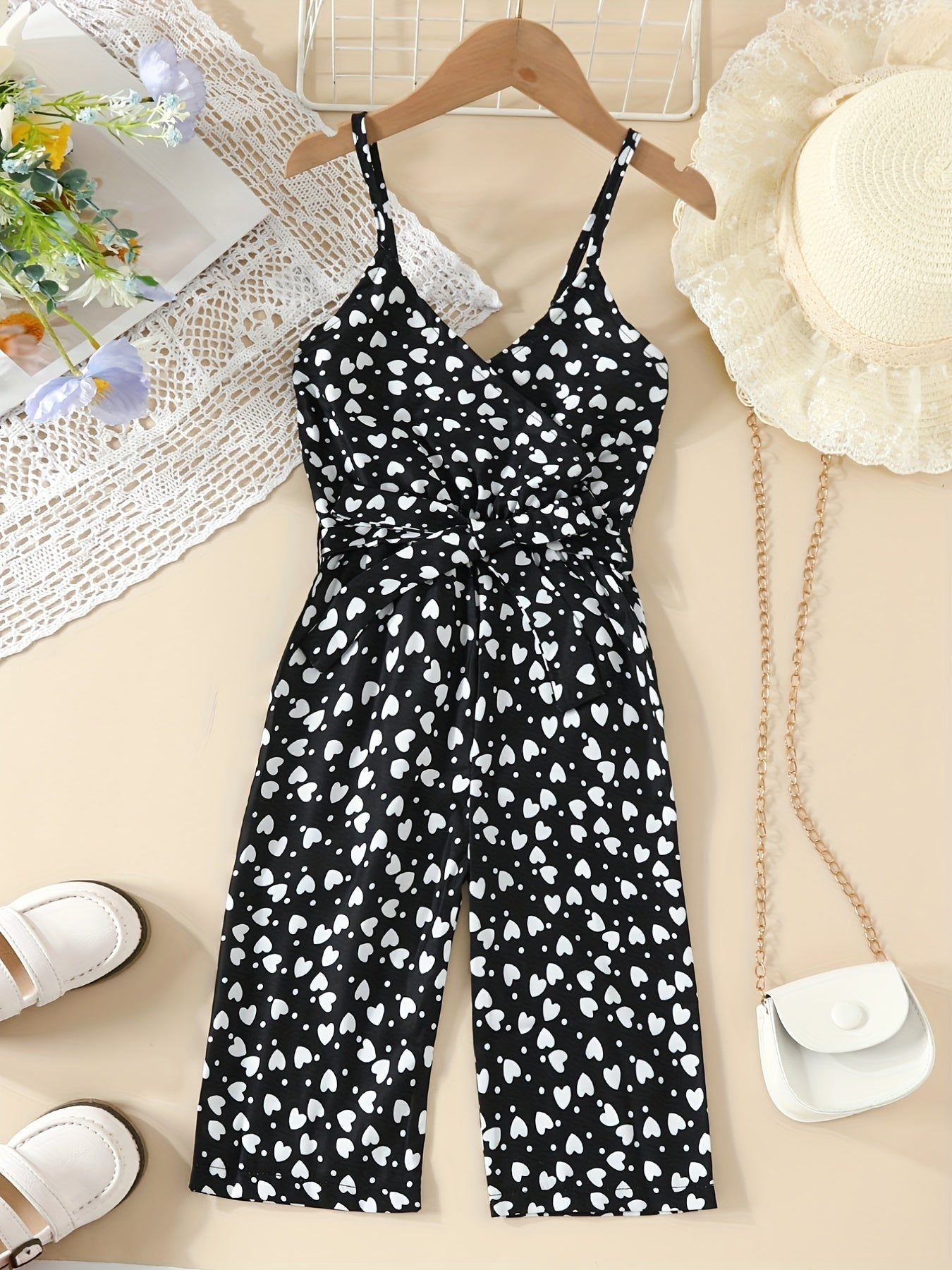 Toddlr Girls Heart Graphic Belted Cami Rompers for Beach Vacation