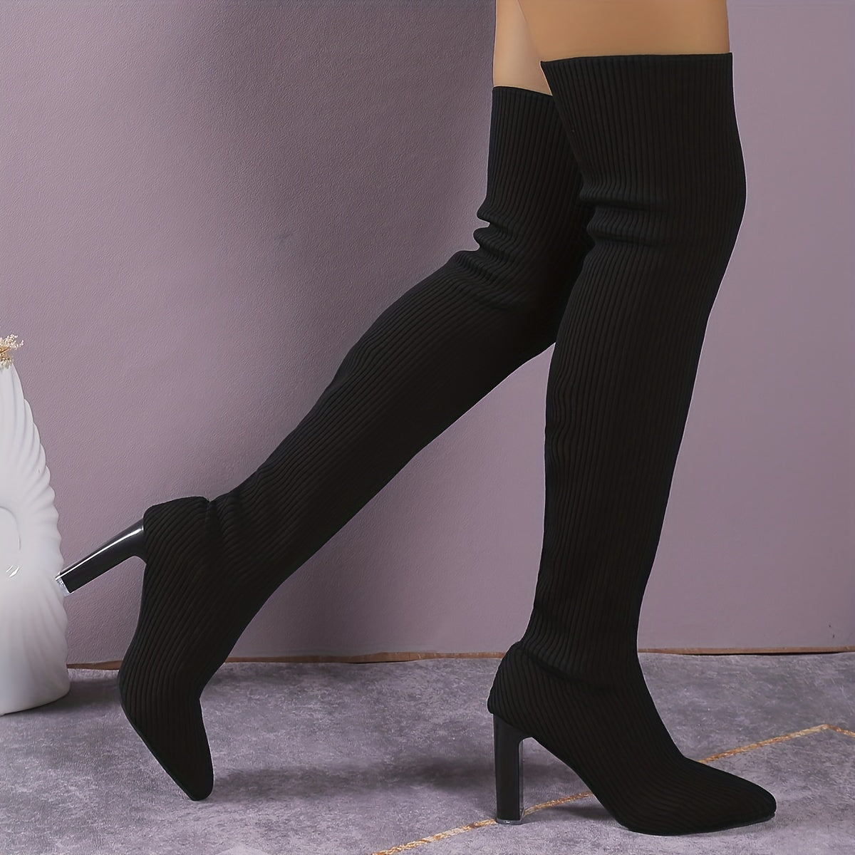 Women's Stretch Over The Knee Boots Pointed Toe Knit High Heels