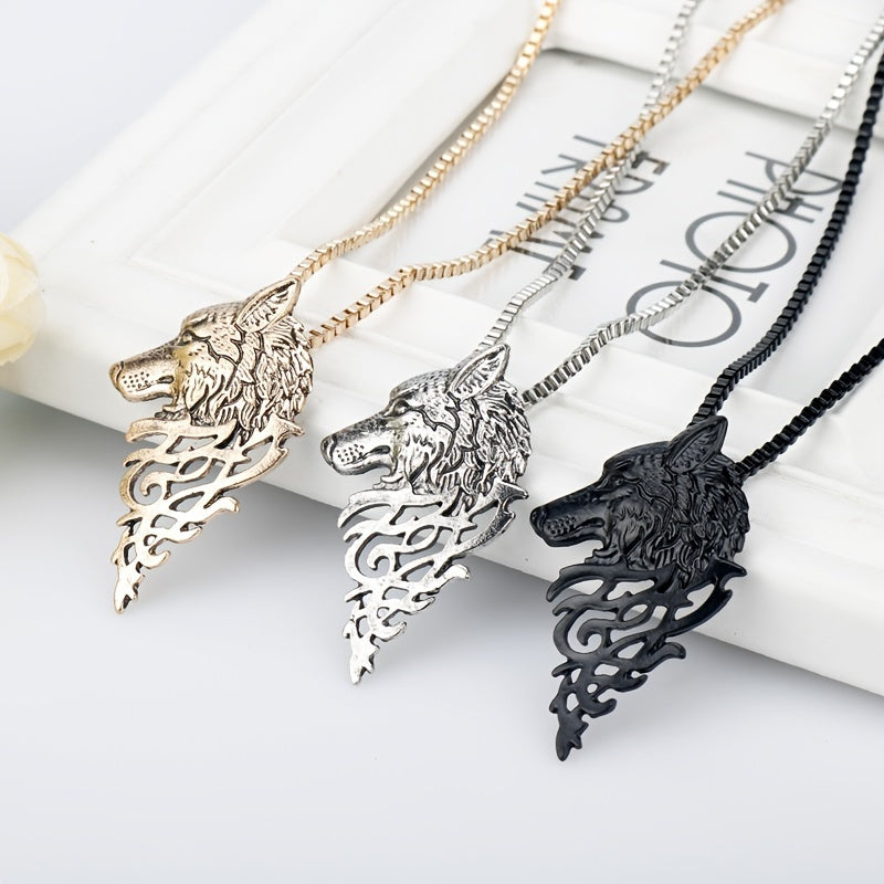 Punk Style Wolf Head Pendant Necklace Men's Jewelry Vintage Hip Hop Sweater Chai
