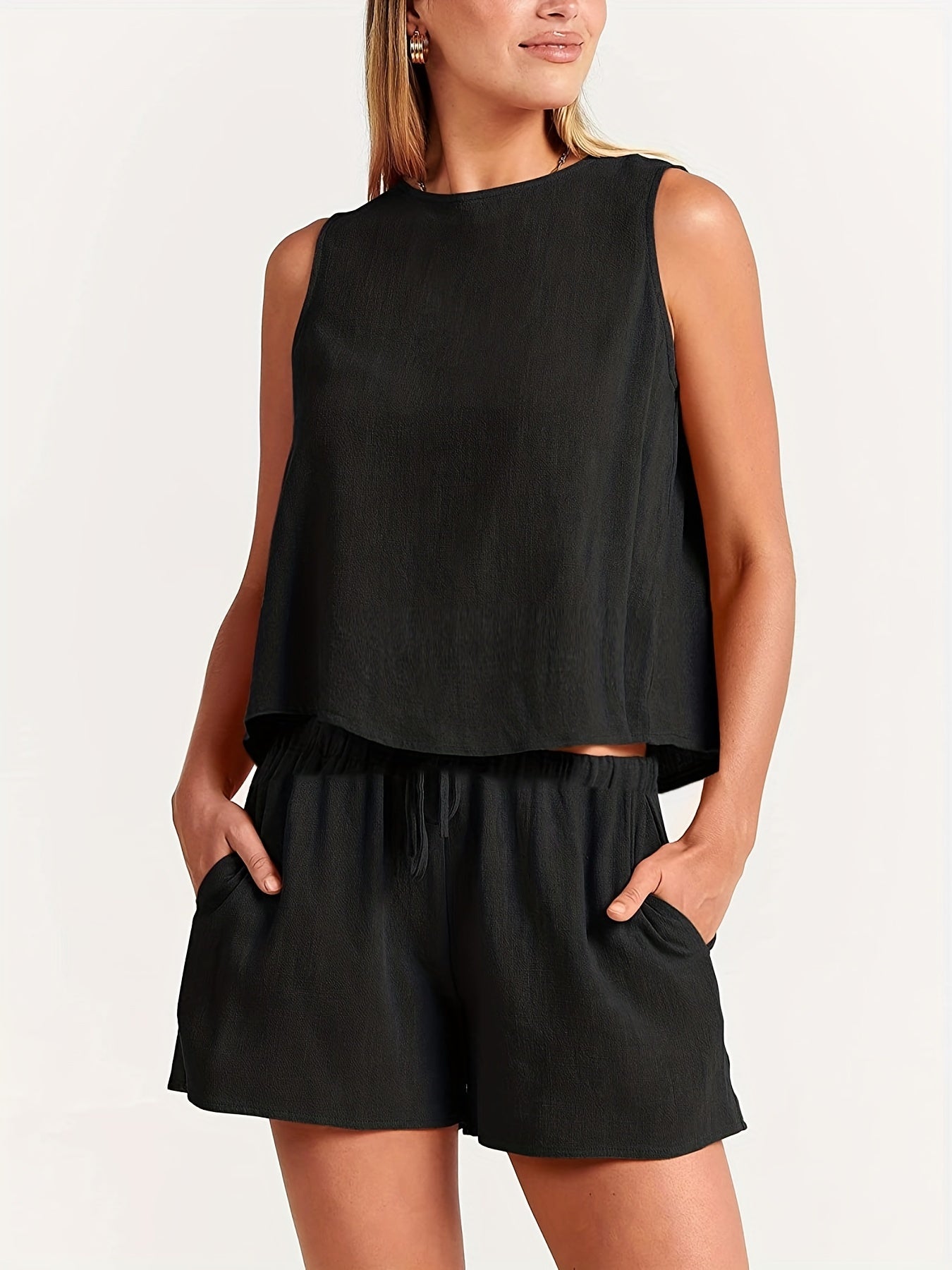  Solid Tank Top & Drawstring Shorts Set