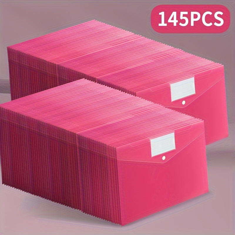145pcs A4 Size File Bag Plastic Envelope Clear Folder with Label Pocket Pink