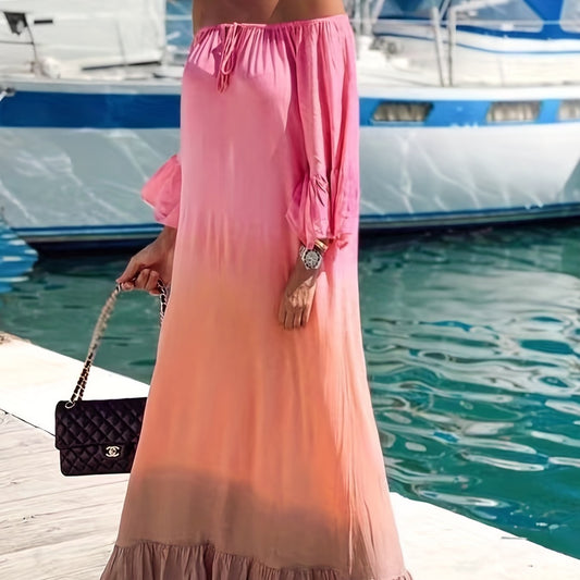  Colorblock Ombre Print Bell Sleeve Maxi Tie Dress