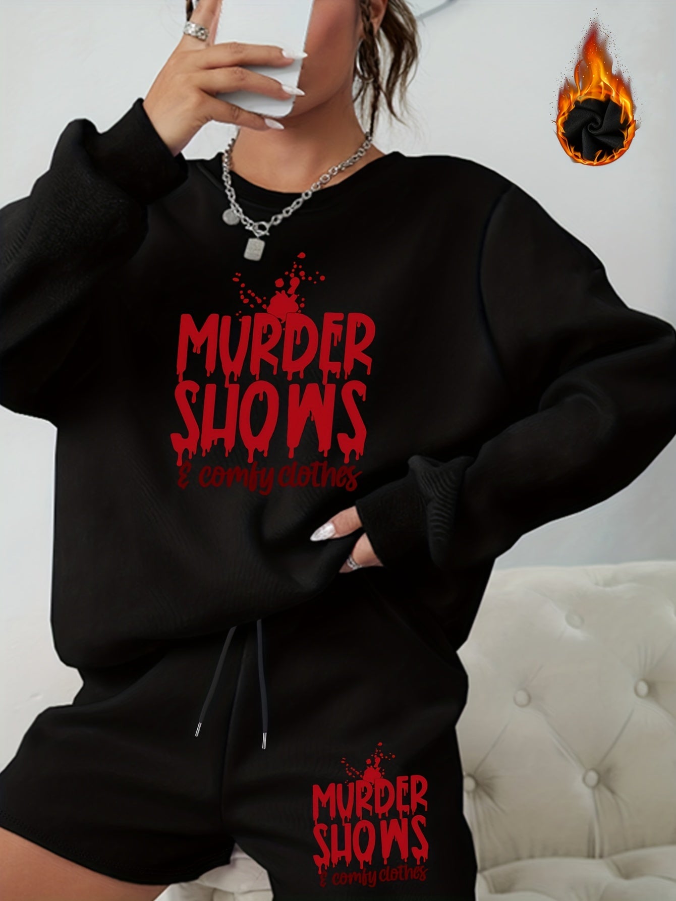 Women's Plus Size Halloween 2pcs Set Letter Print Sweatshirt & Shorts