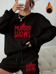 Women's Plus Size Halloween 2pcs Set Letter Print Sweatshirt & Shorts