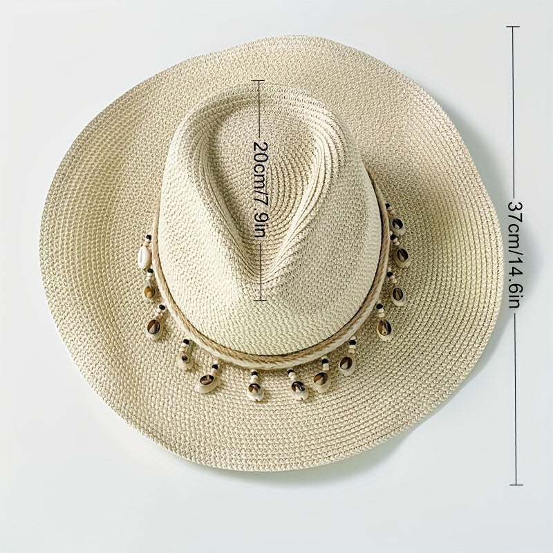 Boho Straw Hat Shell Chain Decor Wide Brim Khaki Sun Hat