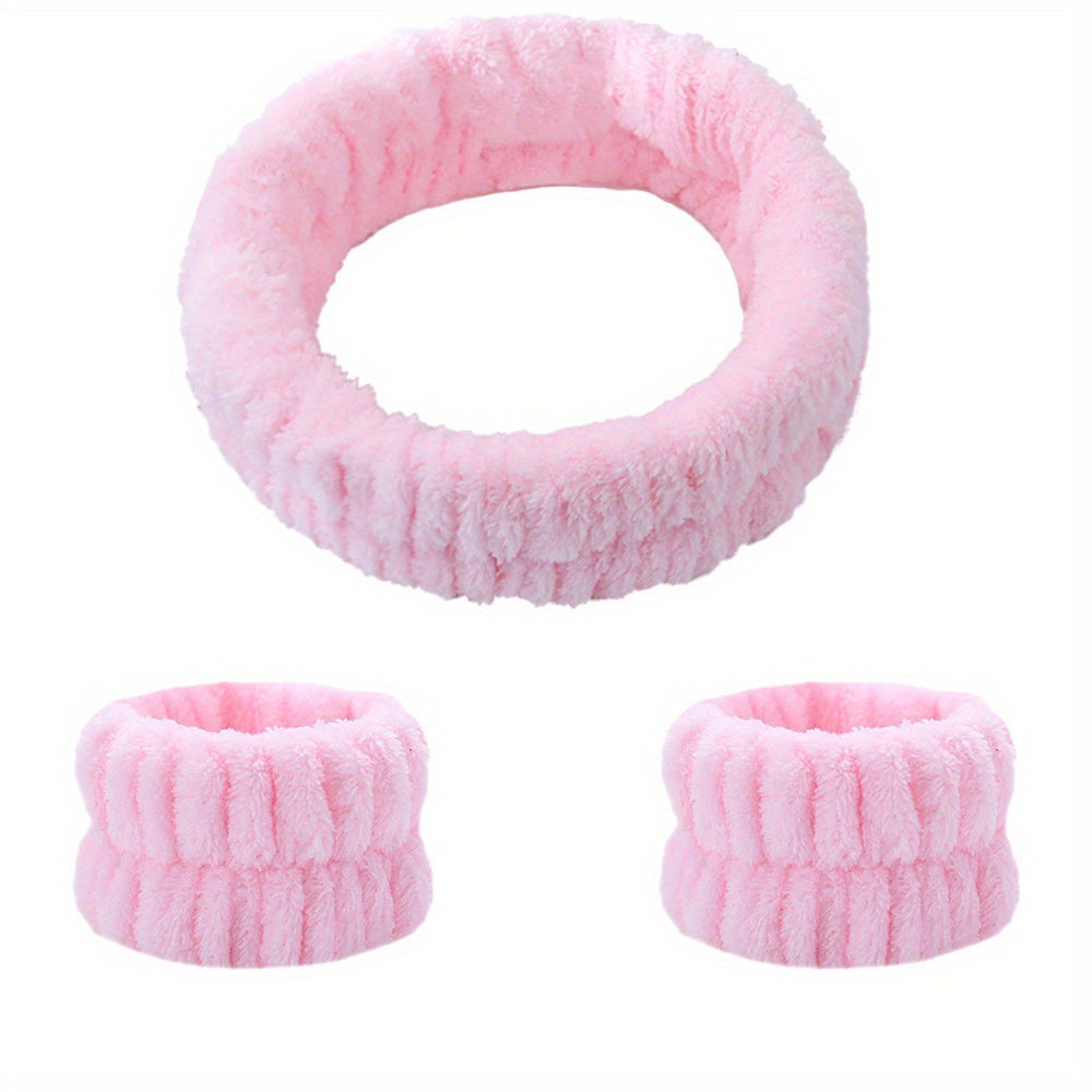 3pcs Soft Headband & Wristband Set for Face Washing Makeup Skincare