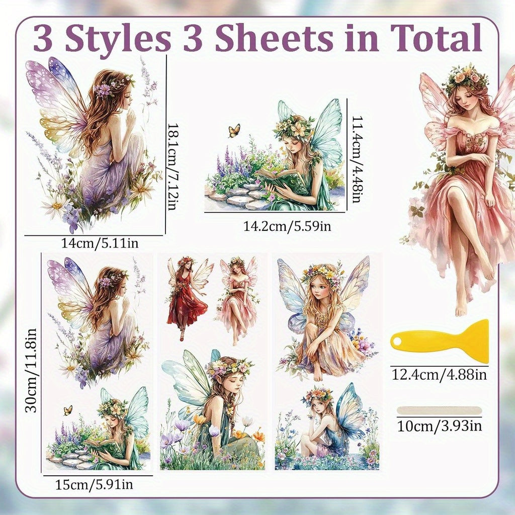 3pcs Fairy Rub On Transfer Stickers - Waterproof Decals for DIY Scrapbook