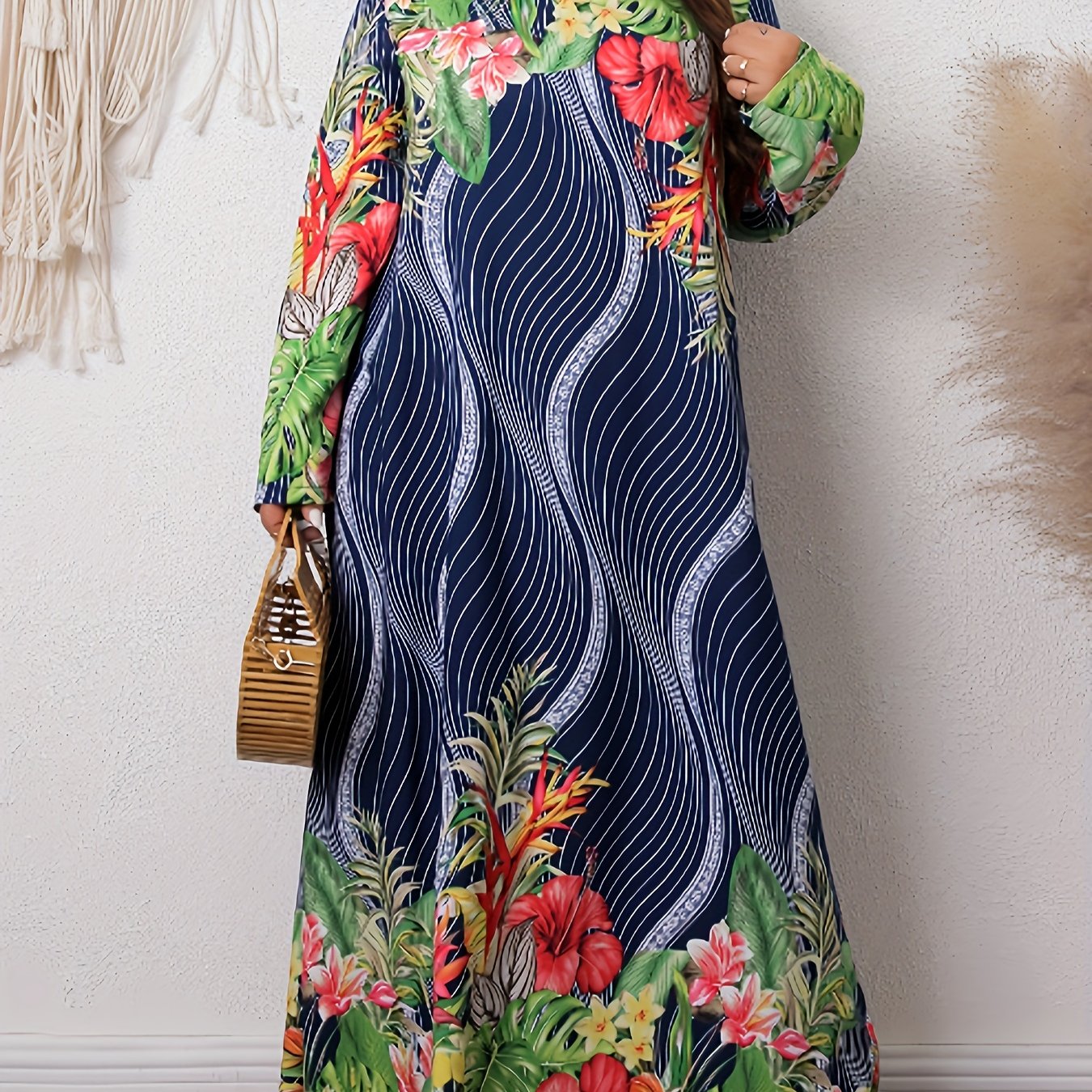  Stripe & Tropical Print Maxi Dress