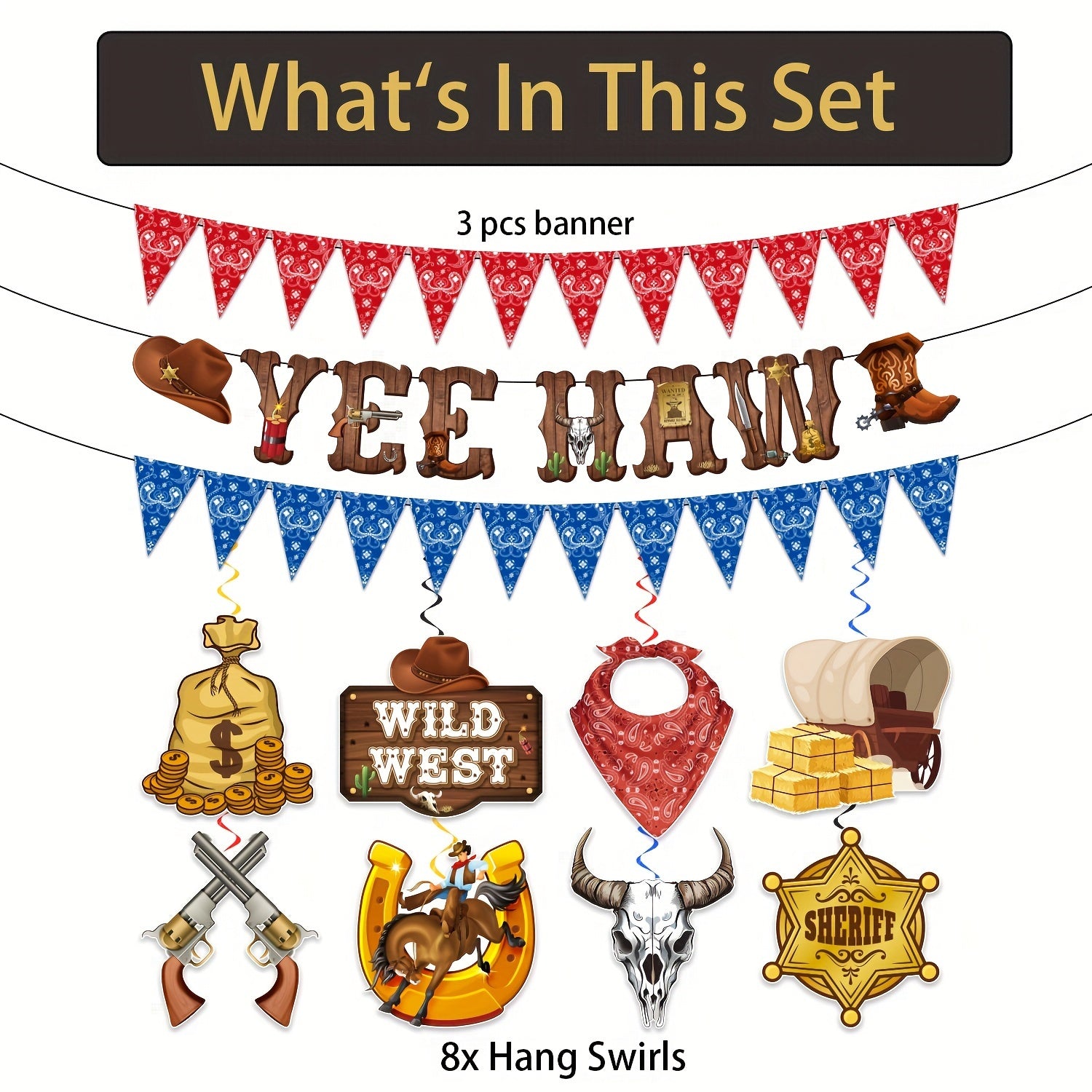 Western Cowboy Party Decorations - Rodeo Banner & Cowboy Hanging Swirls
