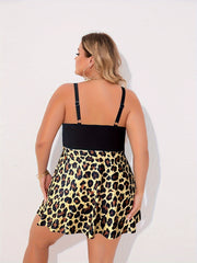  Leopard Print Tankini Set V Neck Ruched Cami Top & Panty Swimsuit