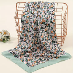 Floral Print Green Bandana Silk Head Wrap Square Scarf Women Neckerchief