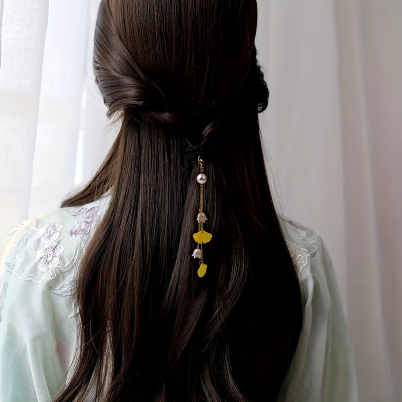 Chinese Hair Tie Ginkgo Leaf Bell Orchid Faux Pearl Tassel Hair Ring Women Girls