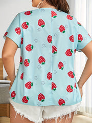  Strawberry Print Notched Blouse