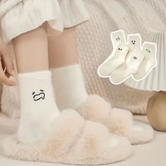 Cartoon Embroidered Plush Mid calf Socks, Warm Winter Socks