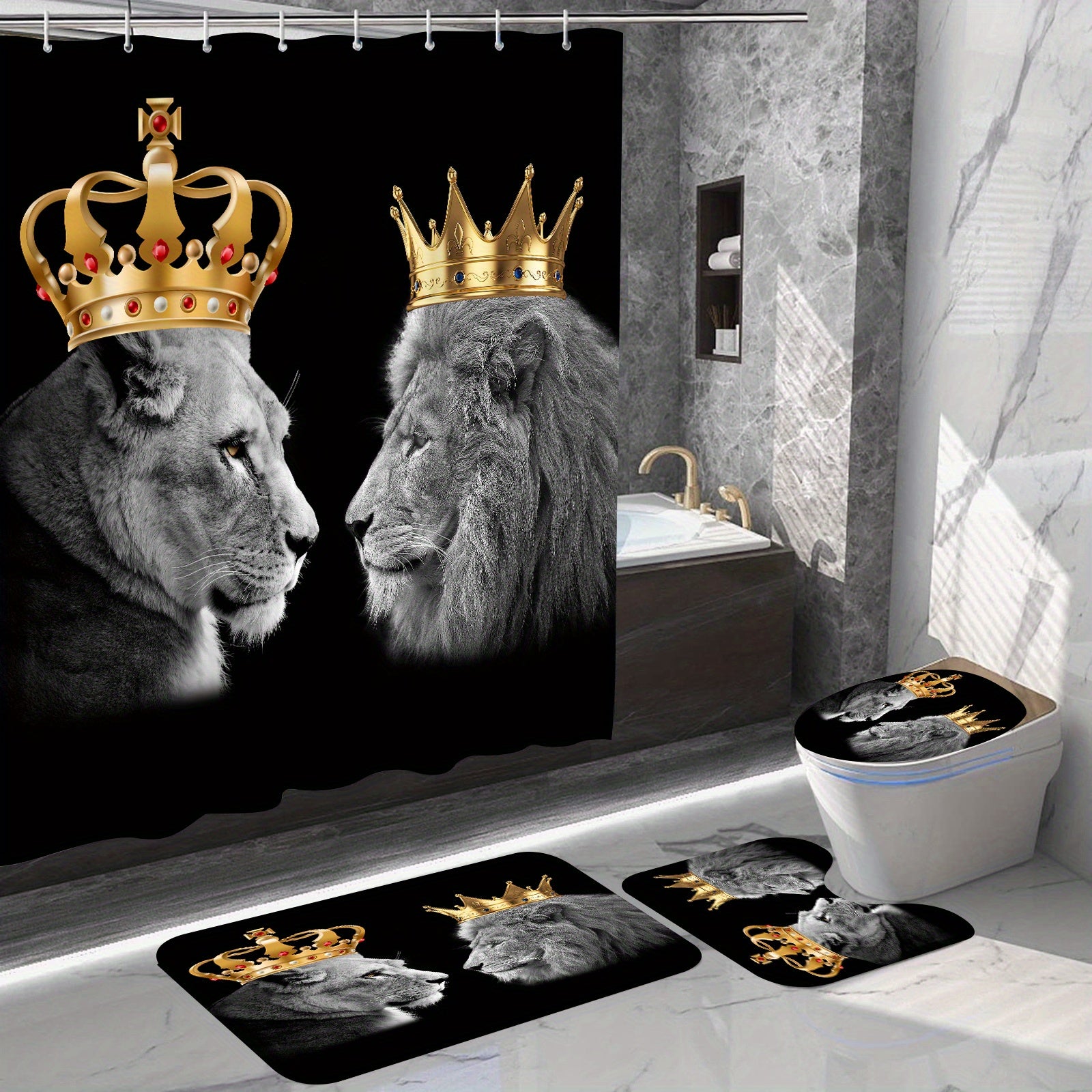 4pcs Lion Couple Bathroom Set Waterproof Shower Curtain With 12 Hooks