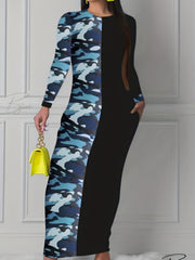  Colorblock Camo Print Maxi Dress