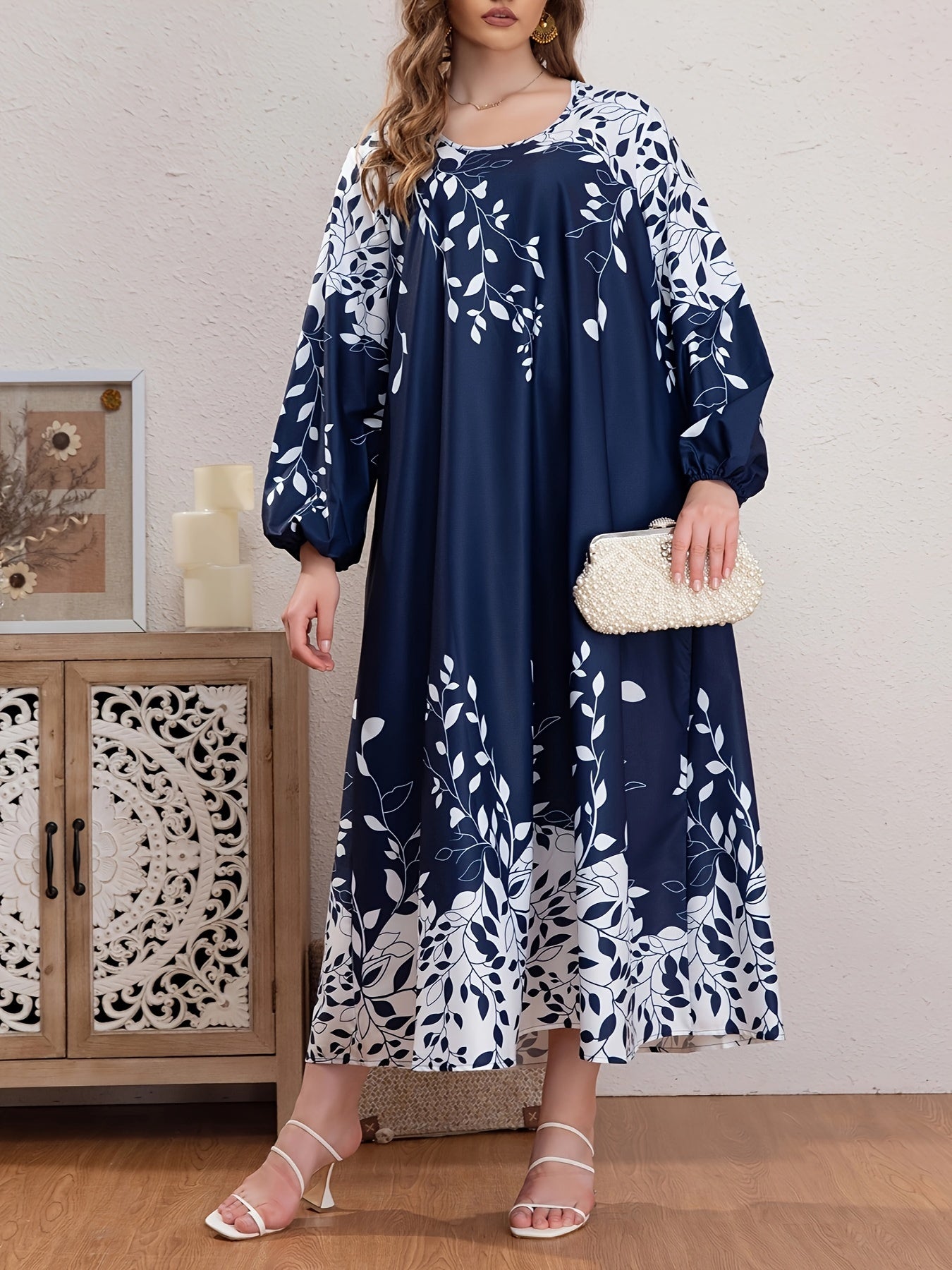  Boho Abaya Dress Women's Plus Leaf Print Lantern Sleeve Round Neck