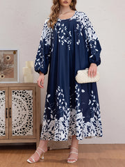  Boho Abaya Dress Women's Plus Leaf Print Lantern Sleeve Round Neck