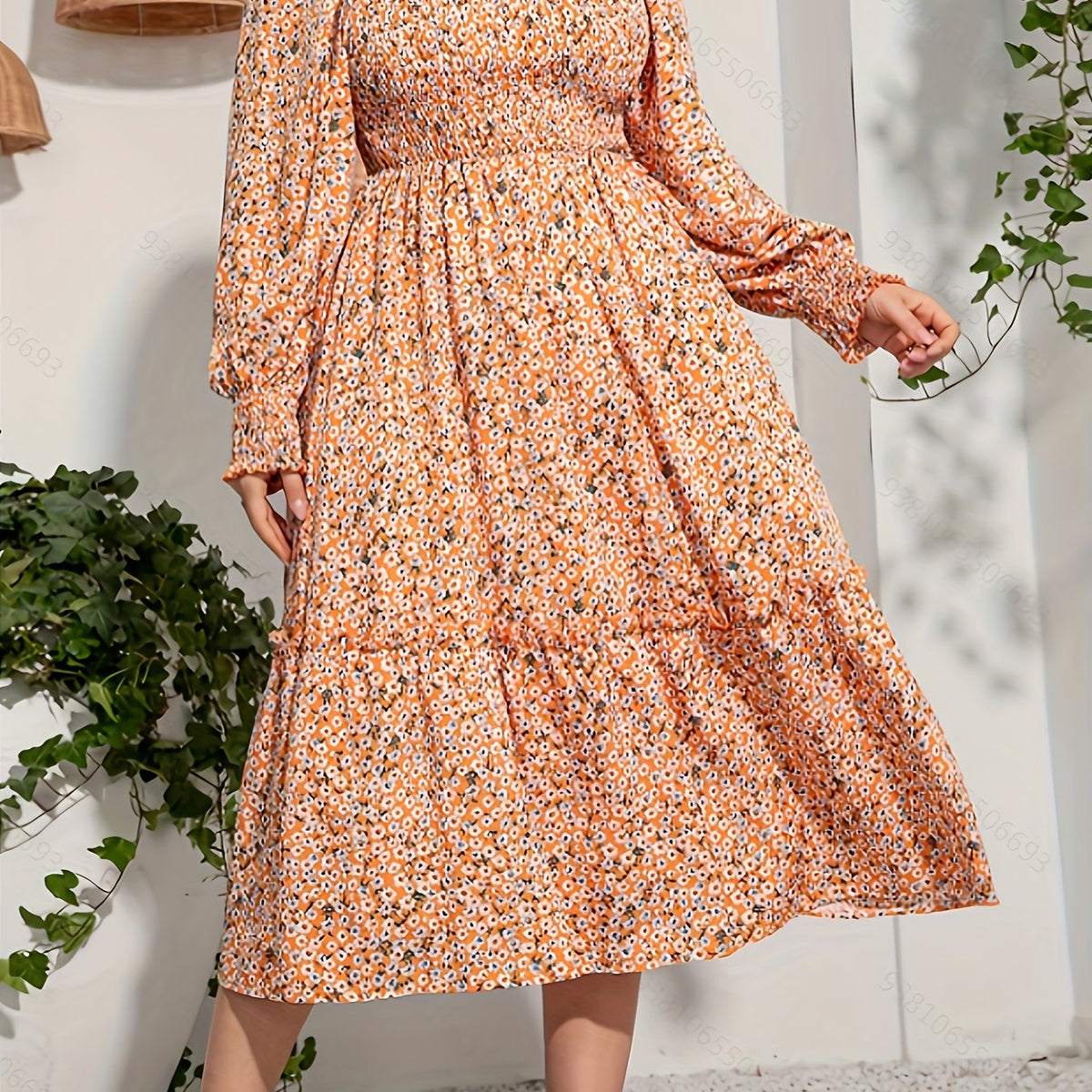  Floral Print Lantern Sleeve Midi Smock Dress