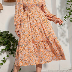  Floral Print Lantern Sleeve Midi Smock Dress