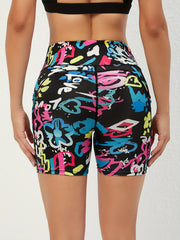 High Waist Yoga Shorts with Pockets Graffiti Print