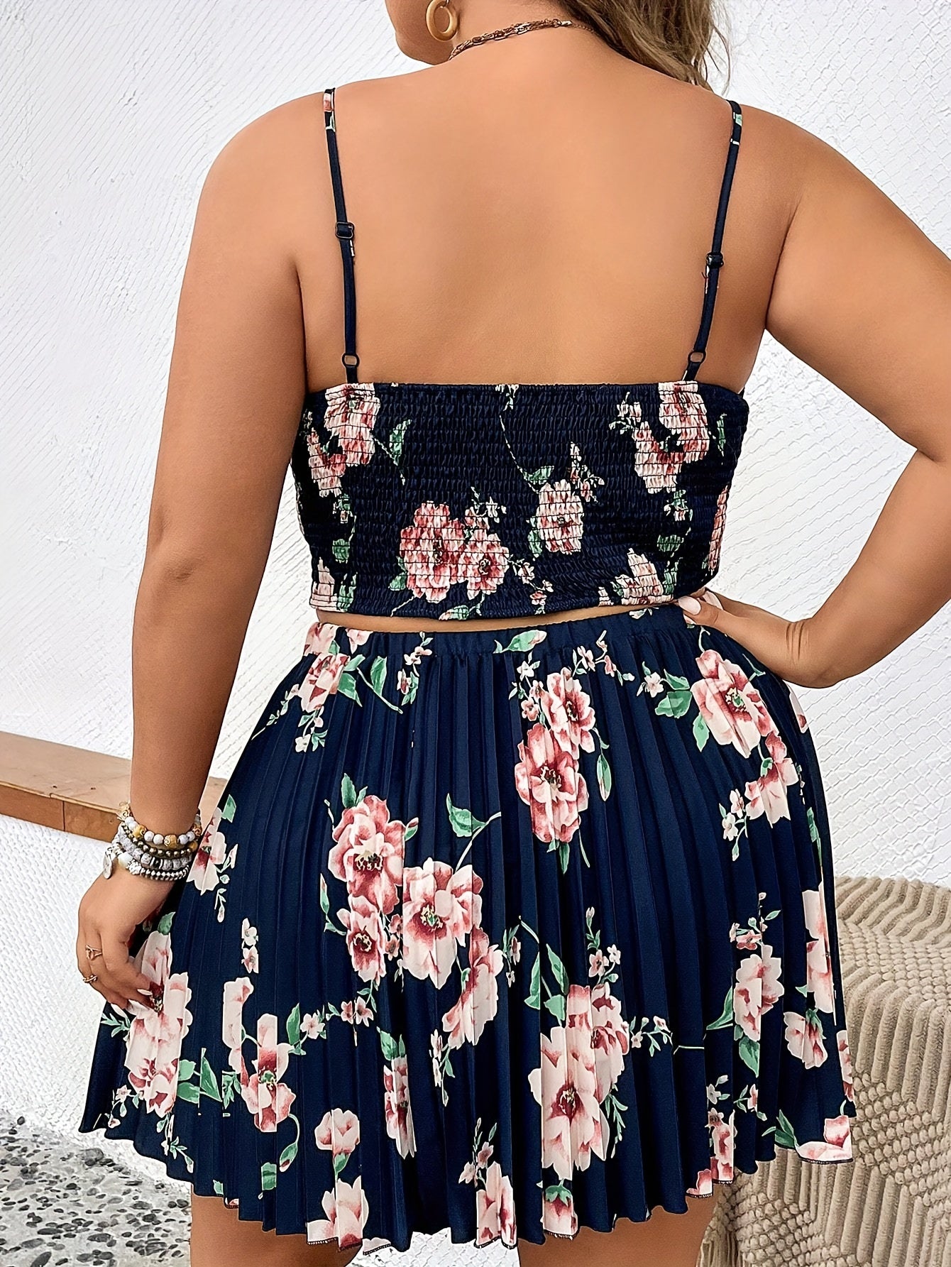  Women's Floral Print Cami Top & Pleated Skirt Set