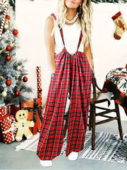  Plaid Print Wide Leg Overalls With Pockets