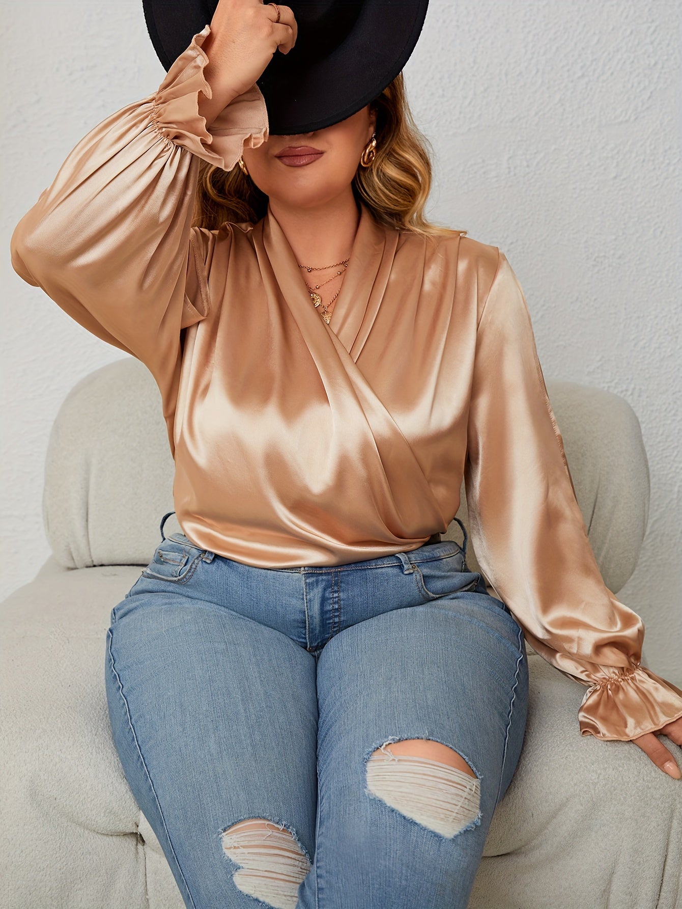  Surplice Neck Satin Blouse Ruched Sleeve Top