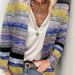  Striped Long Sleeve Open Front Cardigan