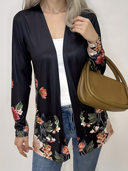  Floral Print Long Sleeve Open Front Cardigan