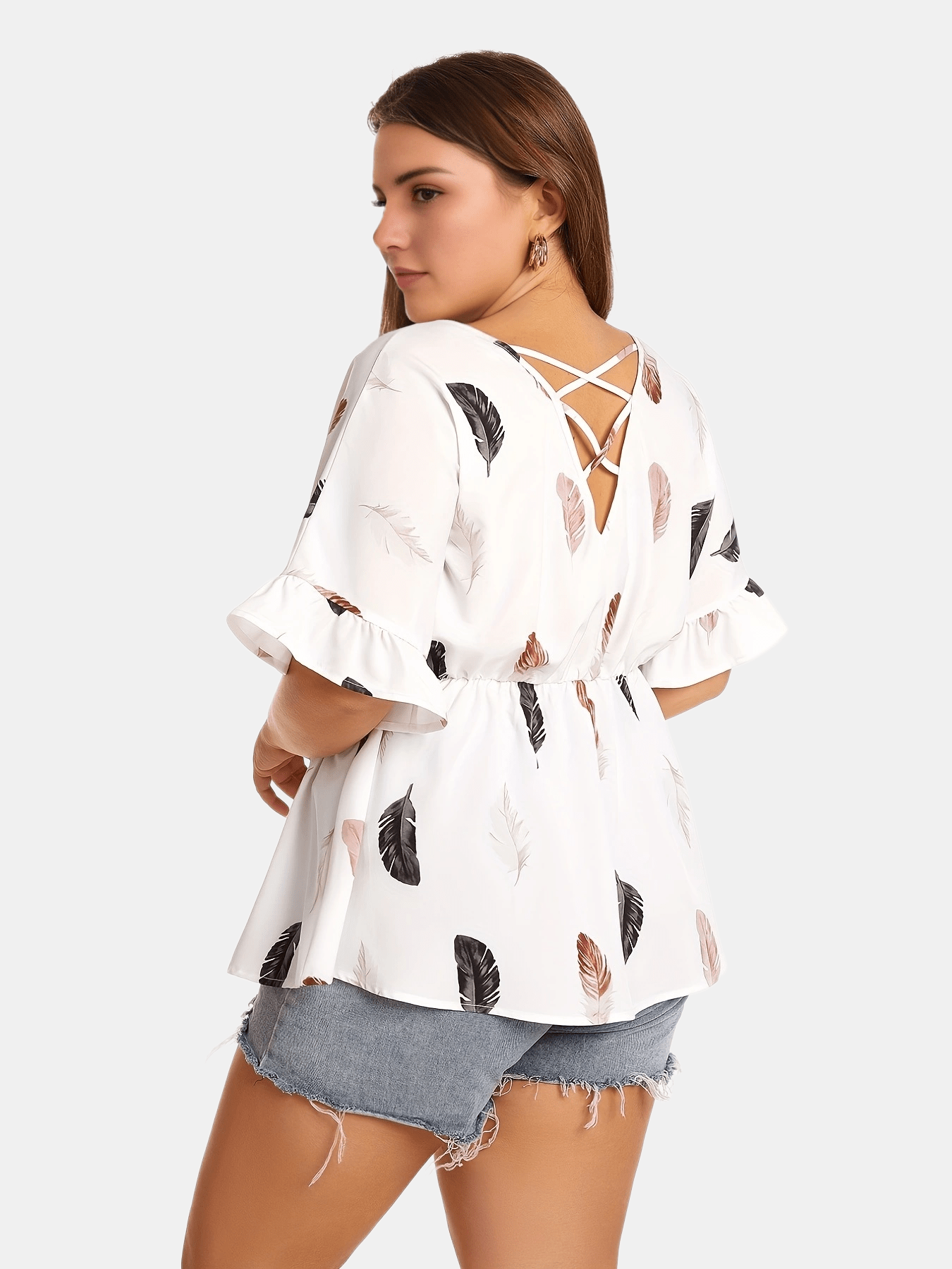  Feather Print Ruffle Trim Criss Cross Short Sleeve Tee