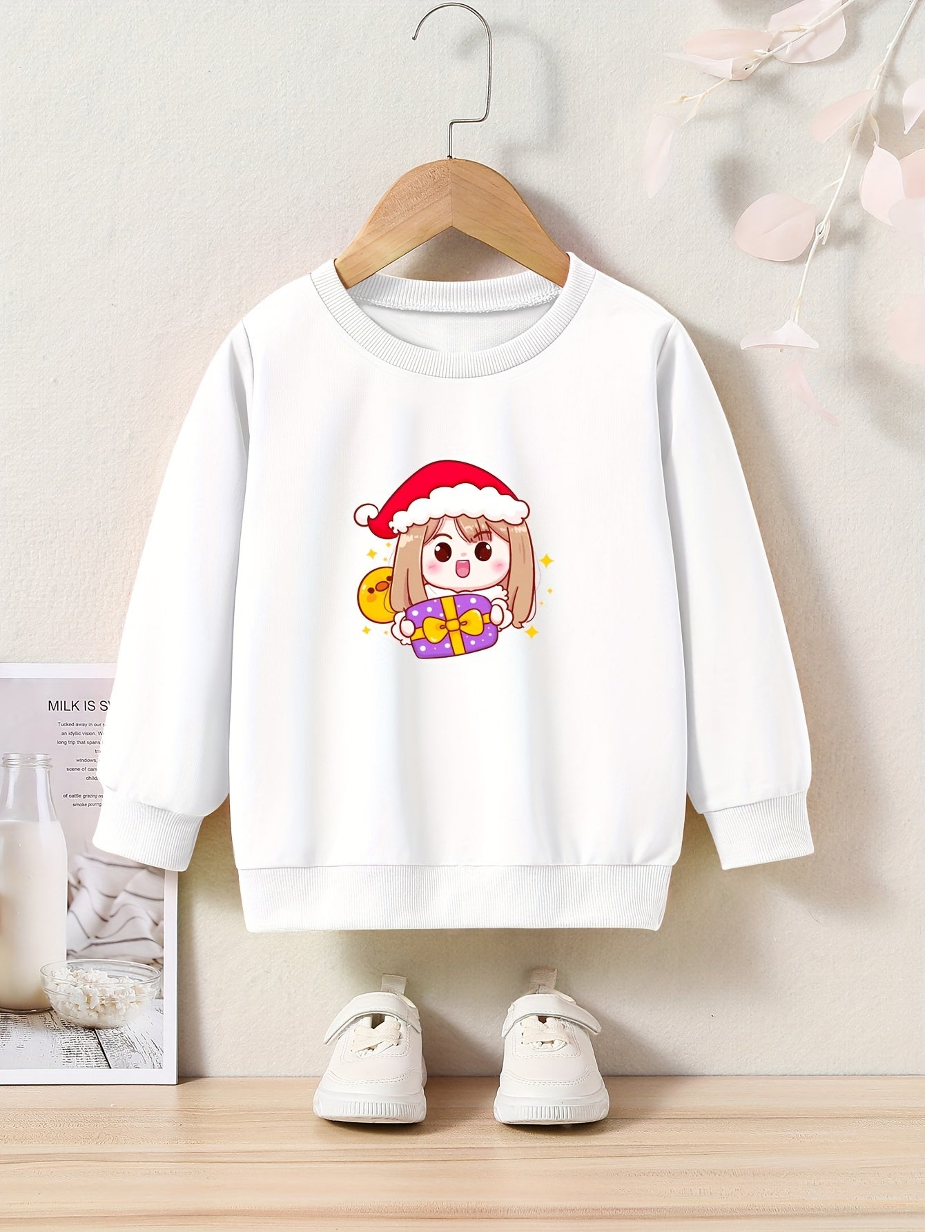 Cartoon Girls With Santa Hat Graphic Crew Neck Sweatshirt