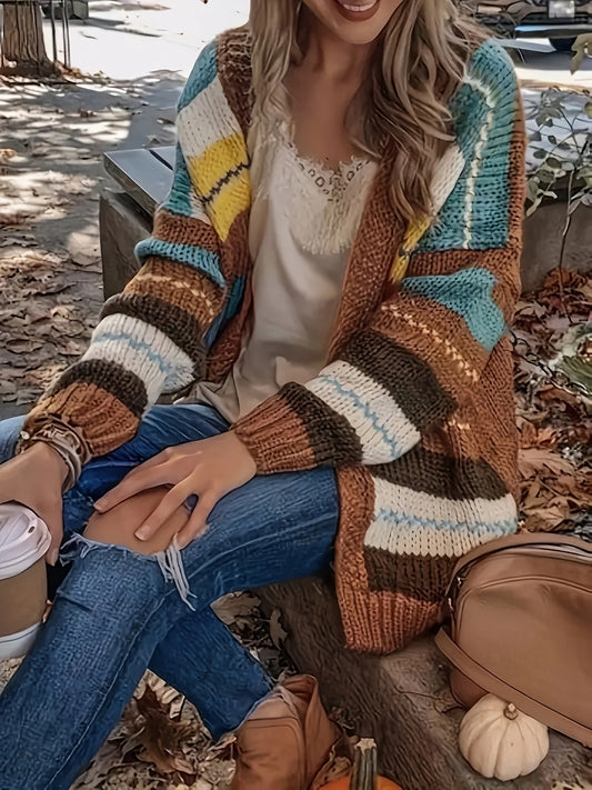  Colorblock Stripe Print Long Sleeve Open Front Cardigan