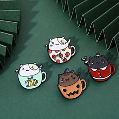 2pcs Cat & Coffee Cup Brooch Collar Pin Backpack Accessory