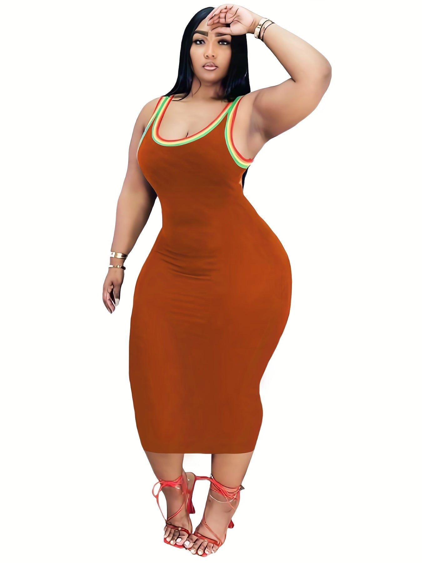  Casual Tank Dress Women's Plus Colorblock Rainbow Trim Round Neck