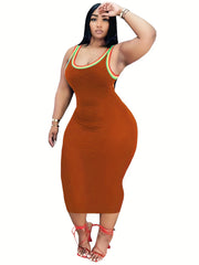  Casual Tank Dress Women's Plus Colorblock Rainbow Trim Round Neck