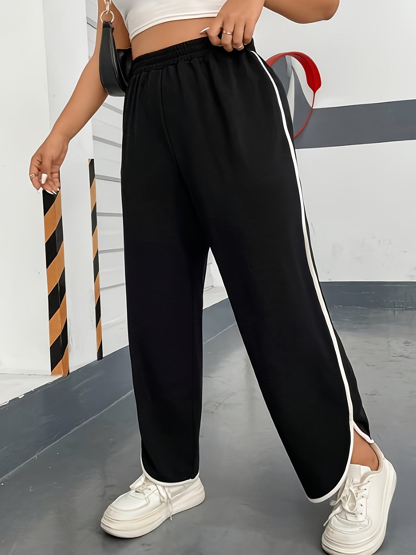  Casual Pants Women's Plus Contrast Binding Straight Leg Loose Trousers